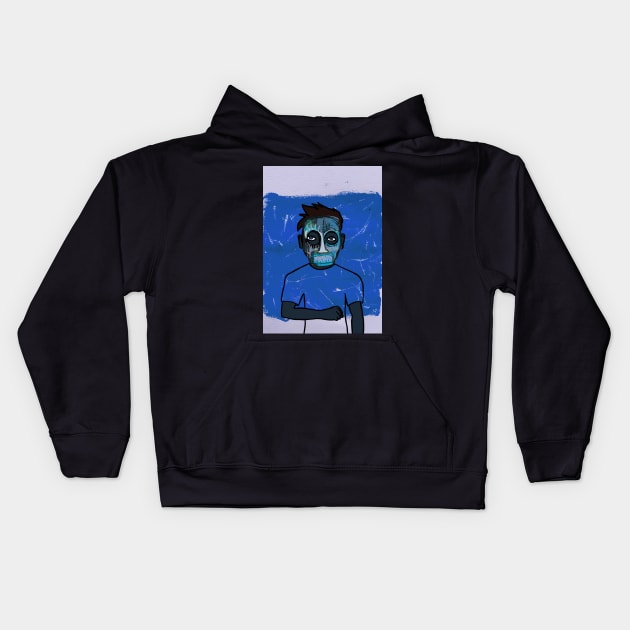 Expressionist Blue Male Character with Street Mask and Blue Eyes Kids Hoodie by Hashed Art